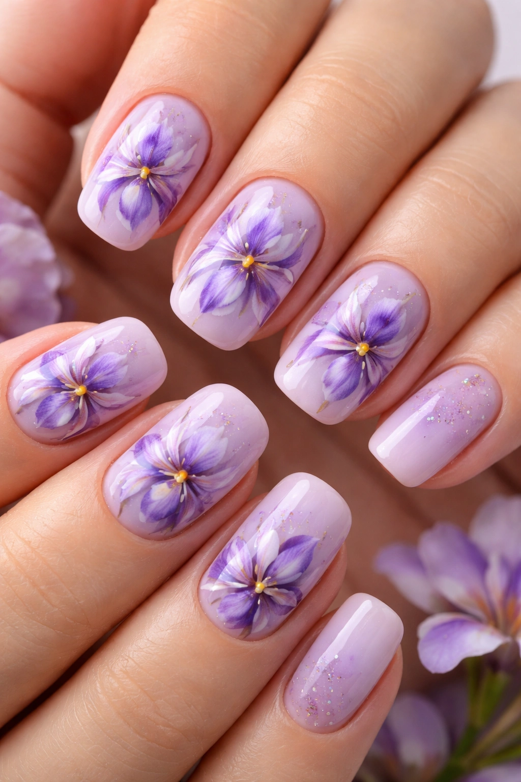 Close-up of short squoval nails with purple and lavender iris blossom nail art