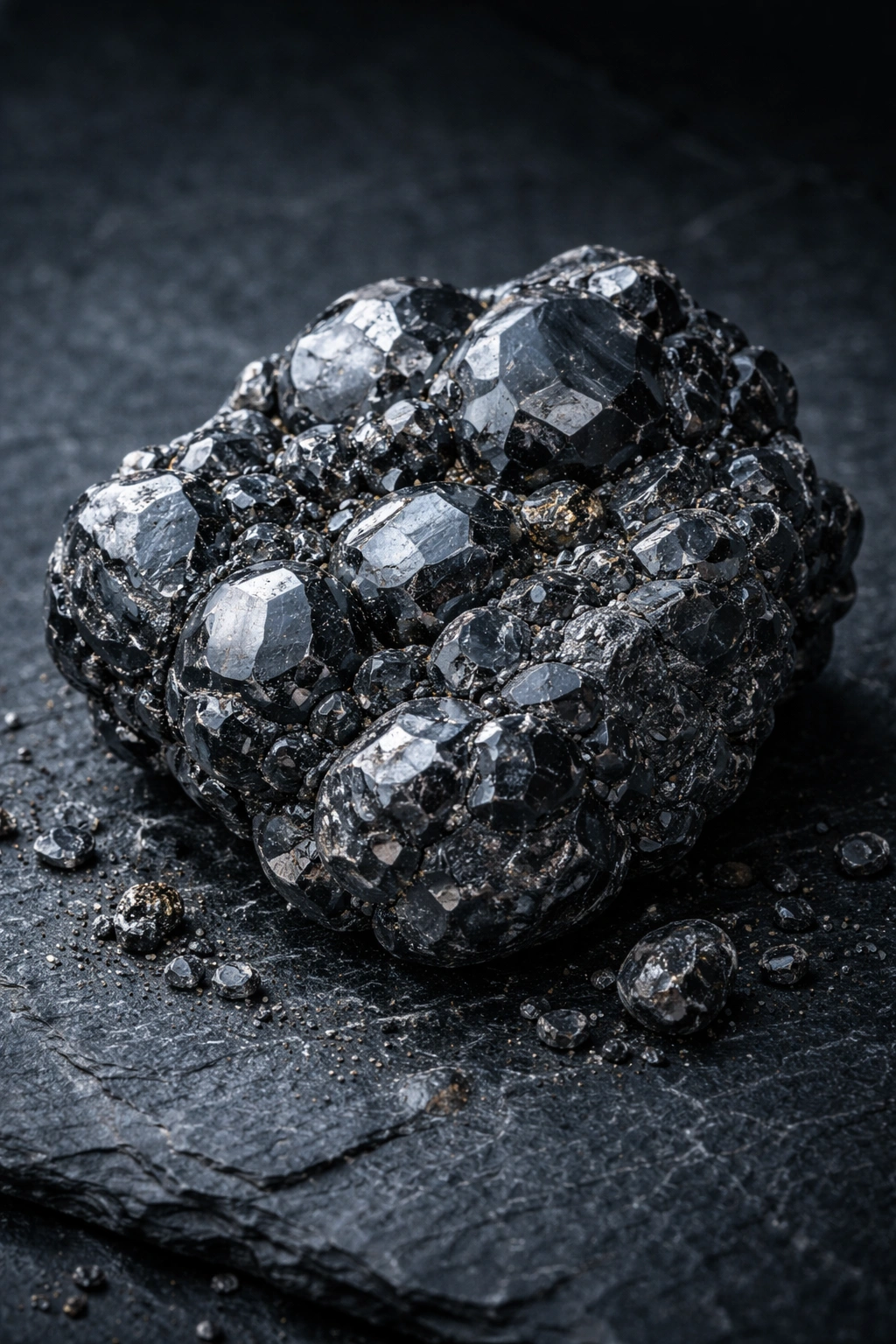 Macro image of iron mineral hematite on dark background