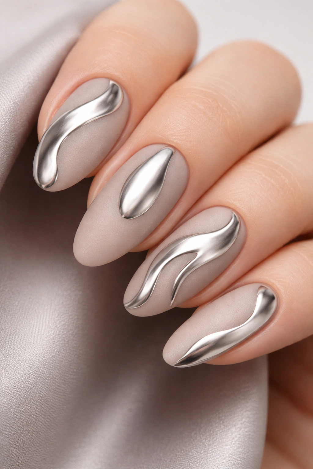 Close-up of nails with matte base and isolated chrome patterns
