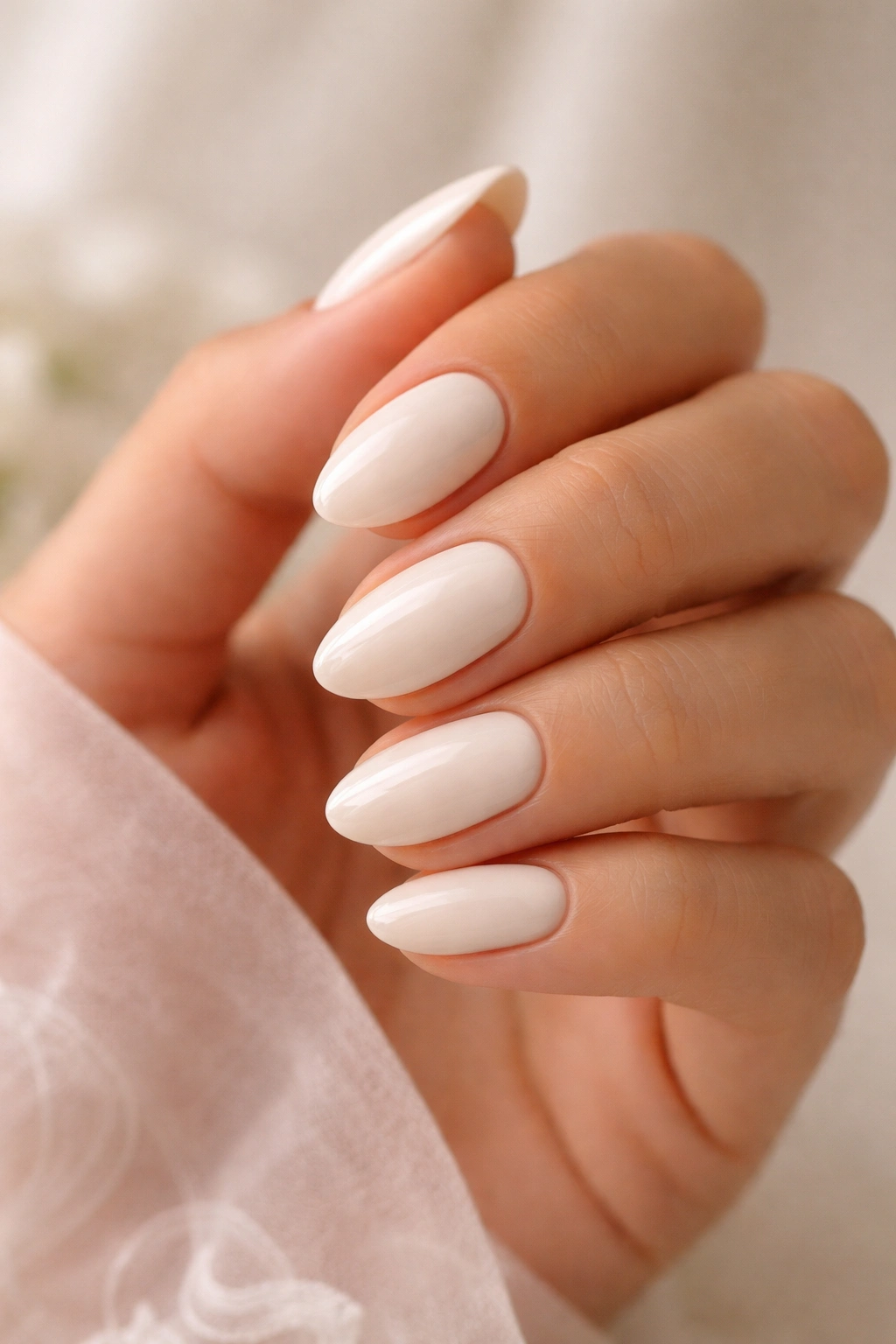 Close-up of ivory almond nails on a hand with a neutral background