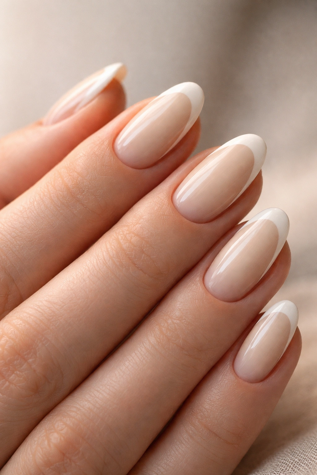 Close-up of short almond nails with ivory base, warm white tip, and nude reverse shadow along the smile line