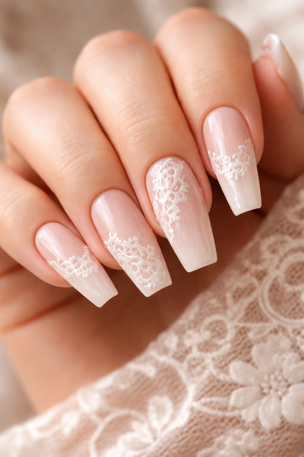 Ivory and blush lace-detail ballerina nails with delicate lace motifs