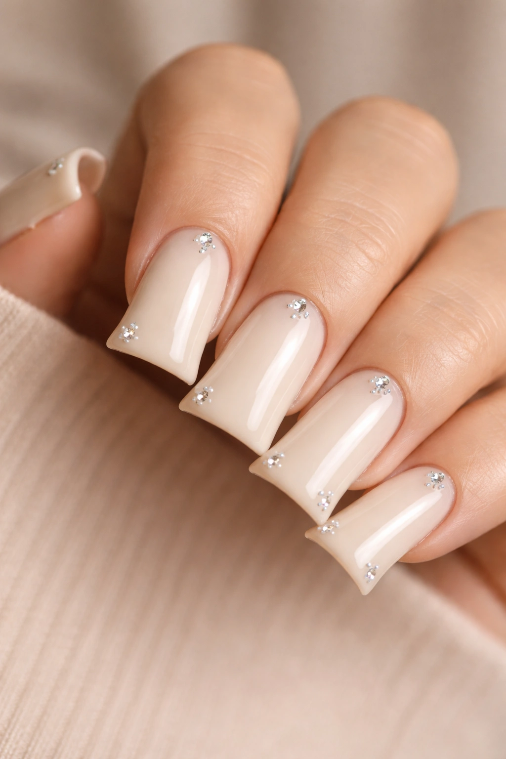 Ivory cream duck nails with micro diamonds for subtle sparkle