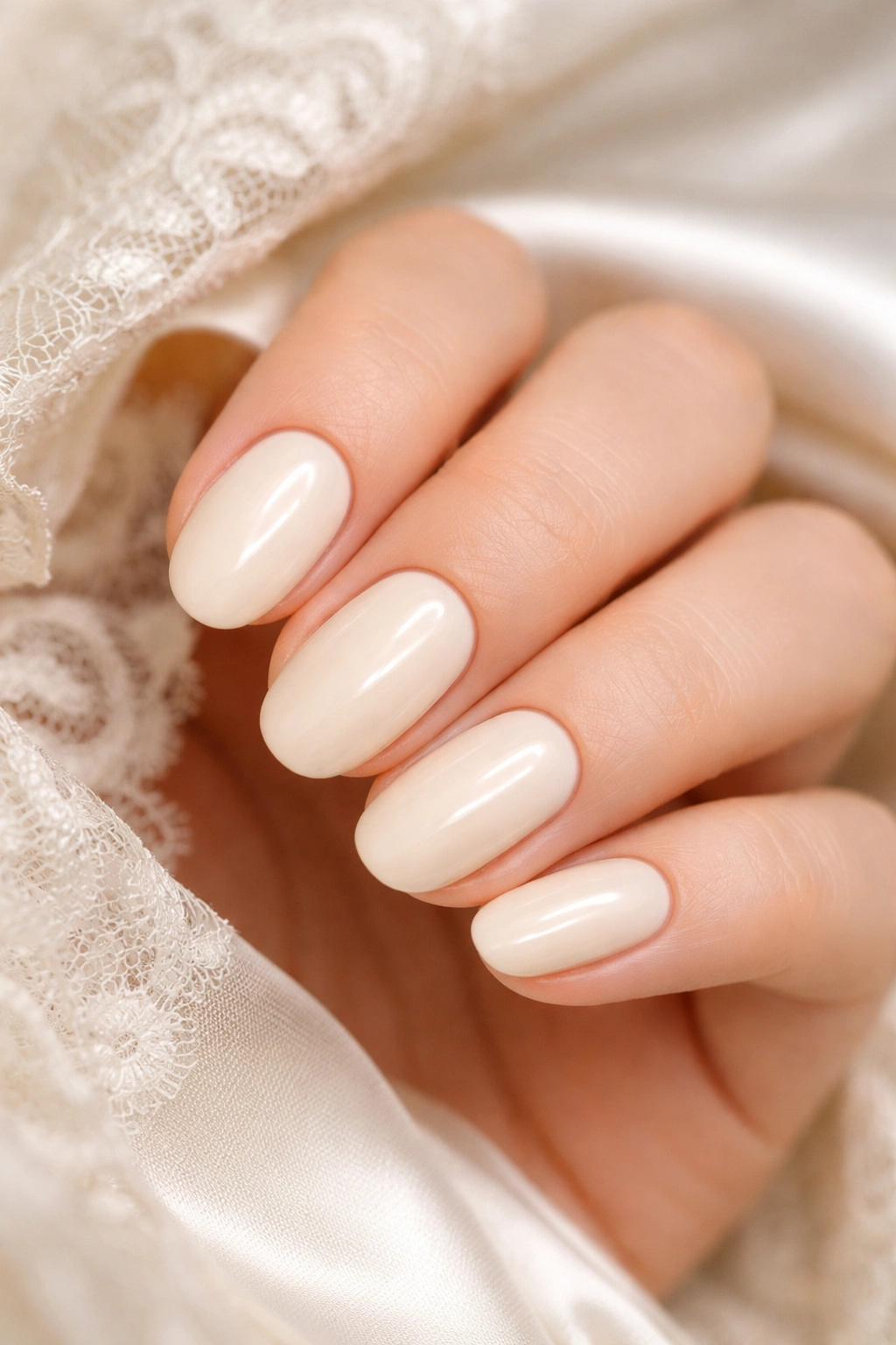 Close-up of ivory cream nails on short oval nails with warm polish
