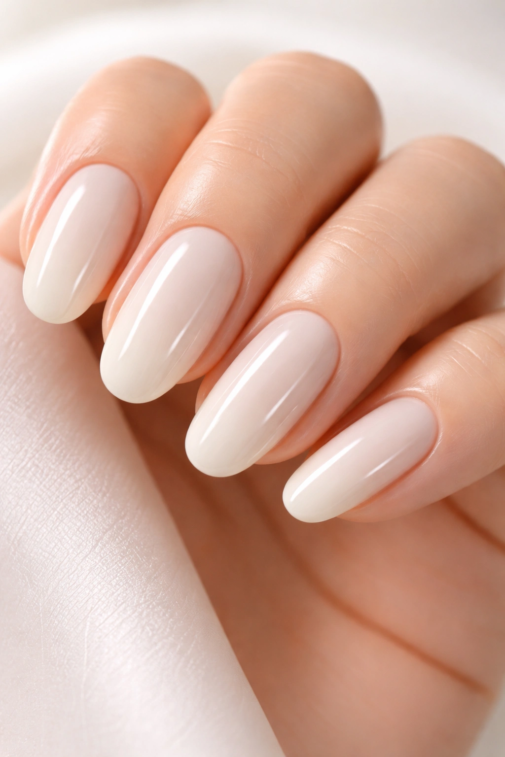 Close-up of ivory nails with warm undertone and glass-glossy finish