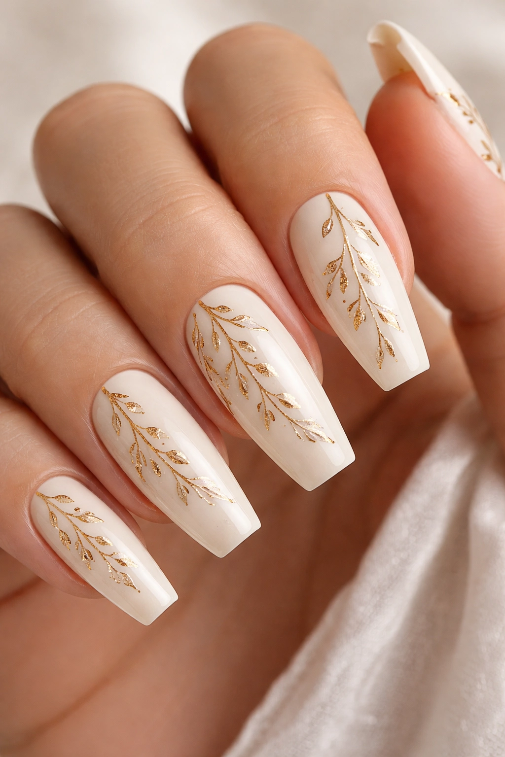 Close-up of ivory coffin nails with gold vine details for timeless wedding manicure