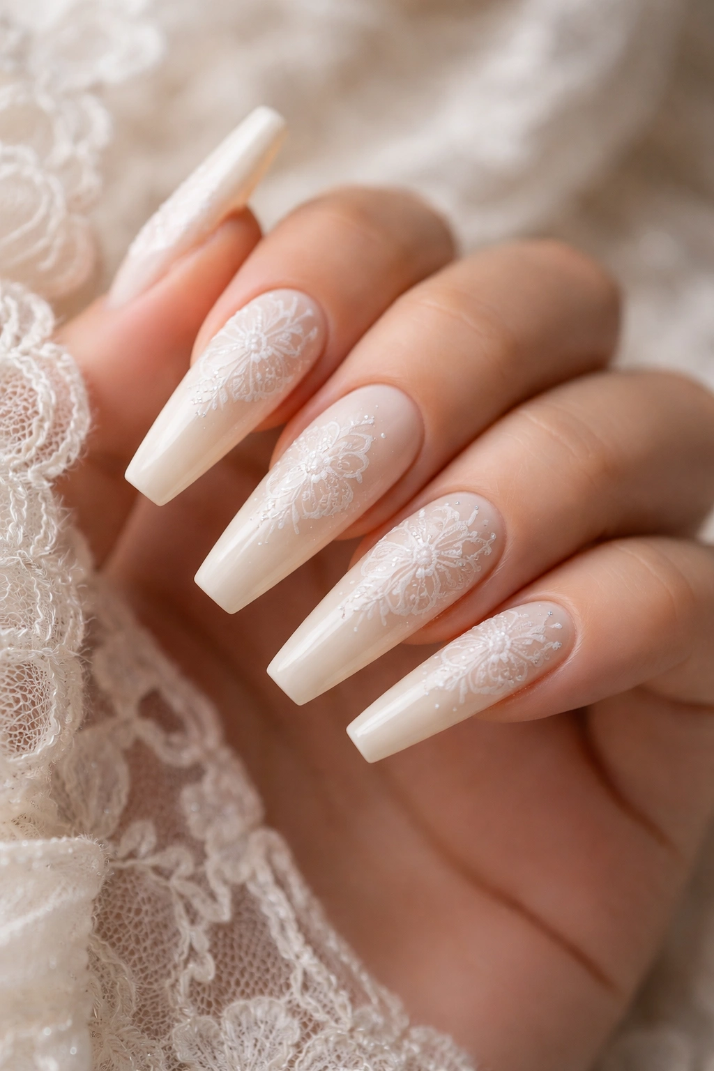 Close-up of ivory coffin nails with lace pattern