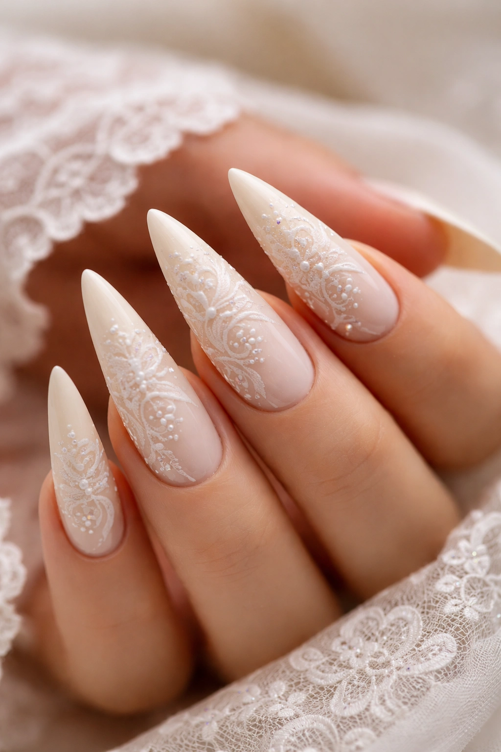 Close-up of ivory stiletto nails with hand-painted lace patterns on a pale ivory base