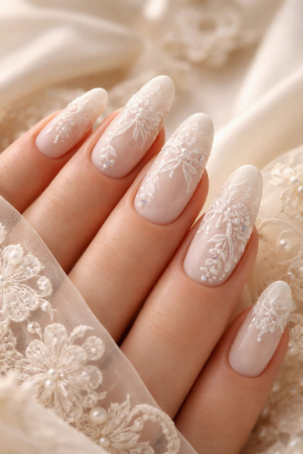 Close-up of long oval nails in ivory with lace patterns, bridal manicure