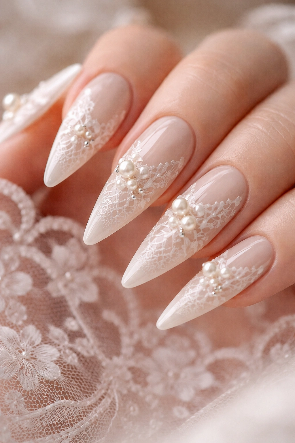 Close-up of an ivory stiletto nail with lace pattern and pearls