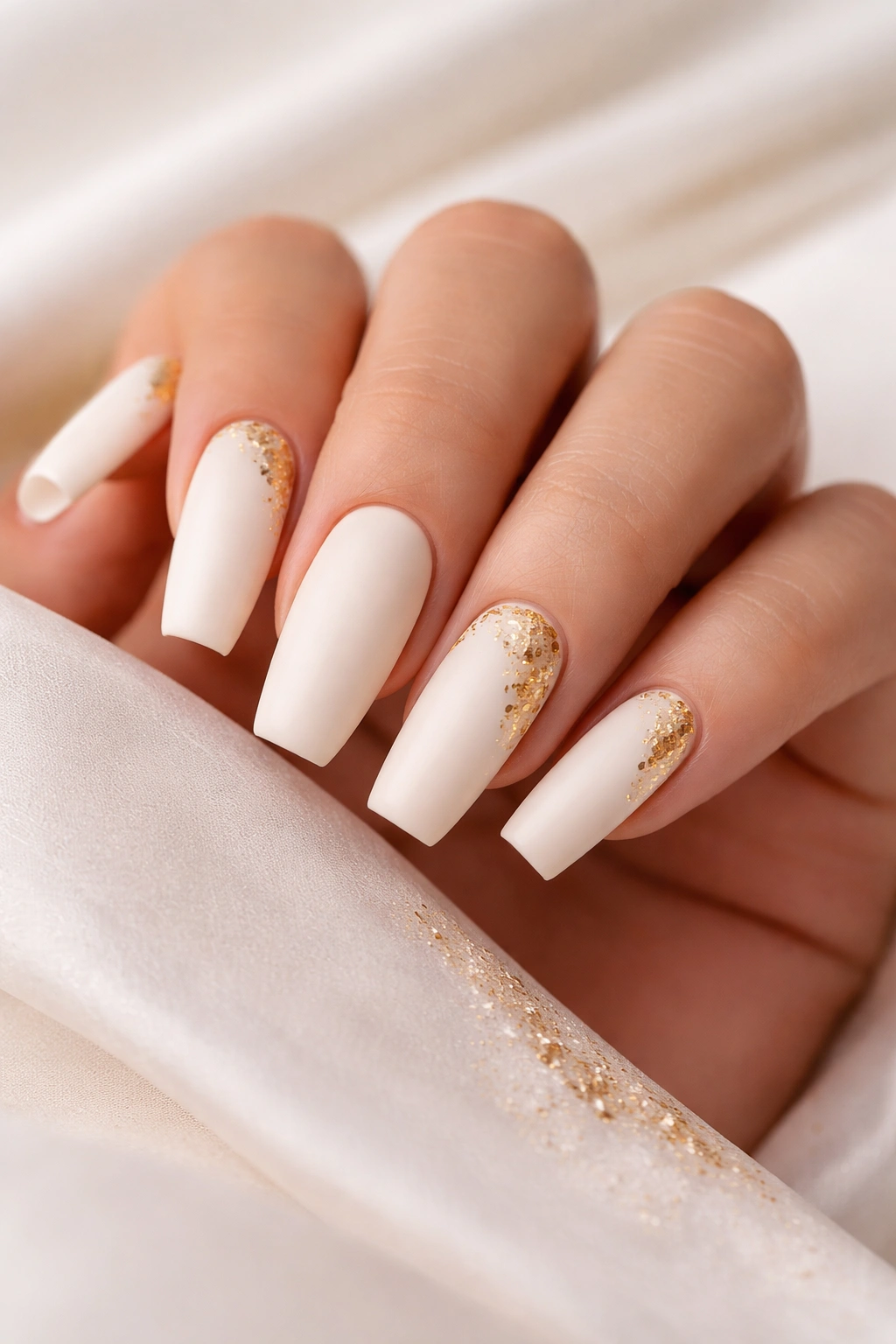 Ivory matte coffin nails with gold leaf accents