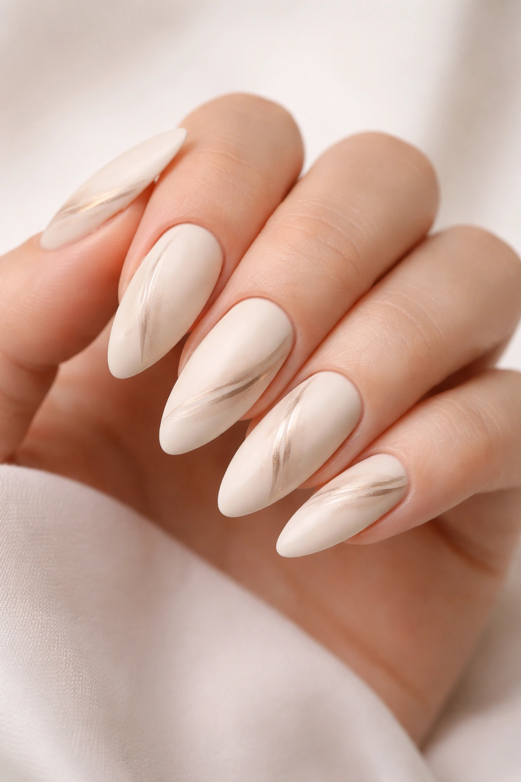 Close-up of almond nails with ivory matte base and delicate brushstrokes
