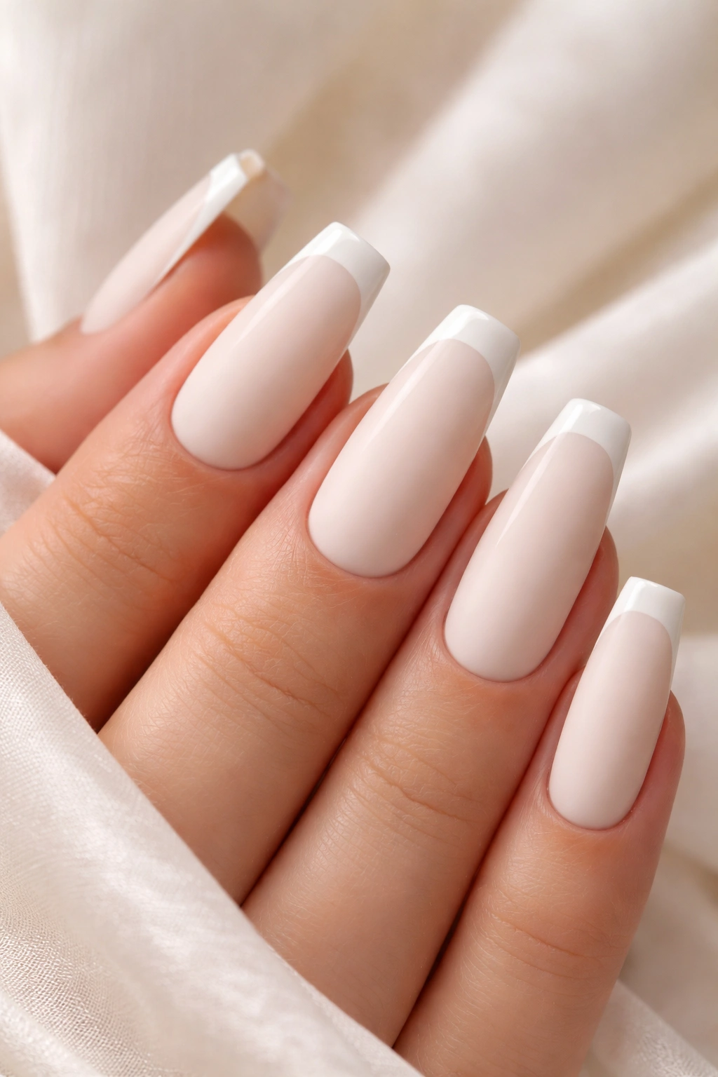 Ivory matte nails with a thin glossy French tip on a ballerina shape