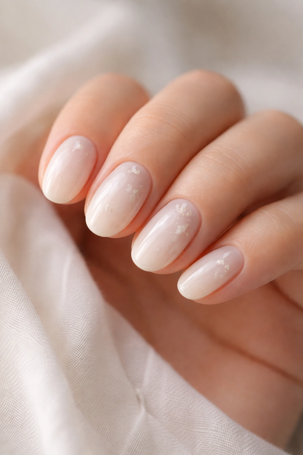 Close-up of Ivory Milk Bath nails on a short oval shape with sheer ivory polish and soft texture