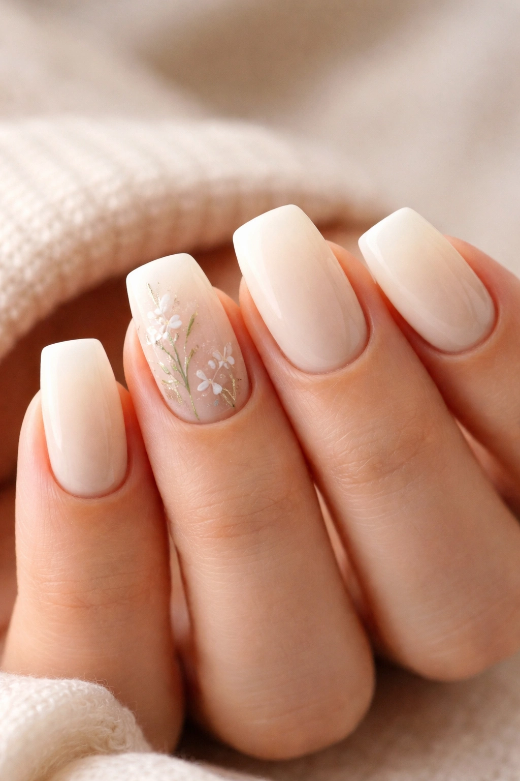 Soft ivory duck nails with delicate botanical detailing on a few nails.