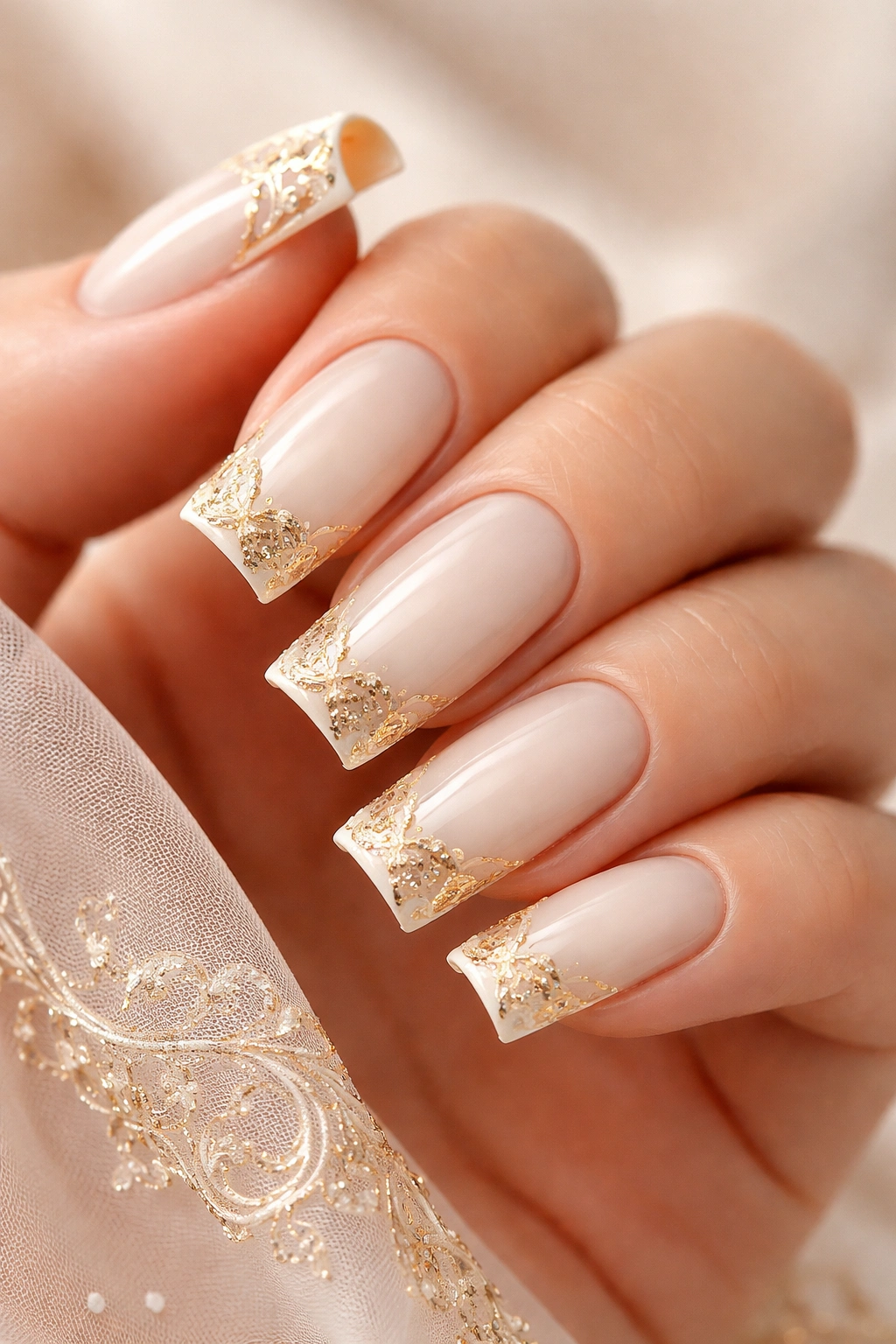 Close-up of ivory soft-square nails with gold filigree on a neutral studio backdrop