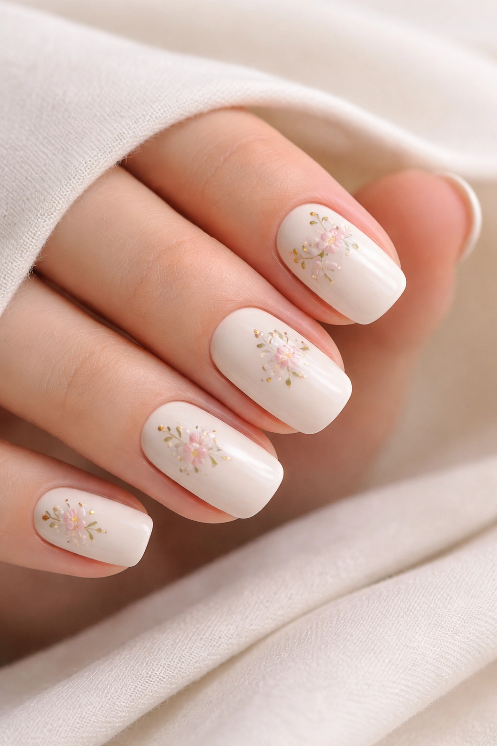 Close-up of ivory nails with tiny hand-painted floral motifs.