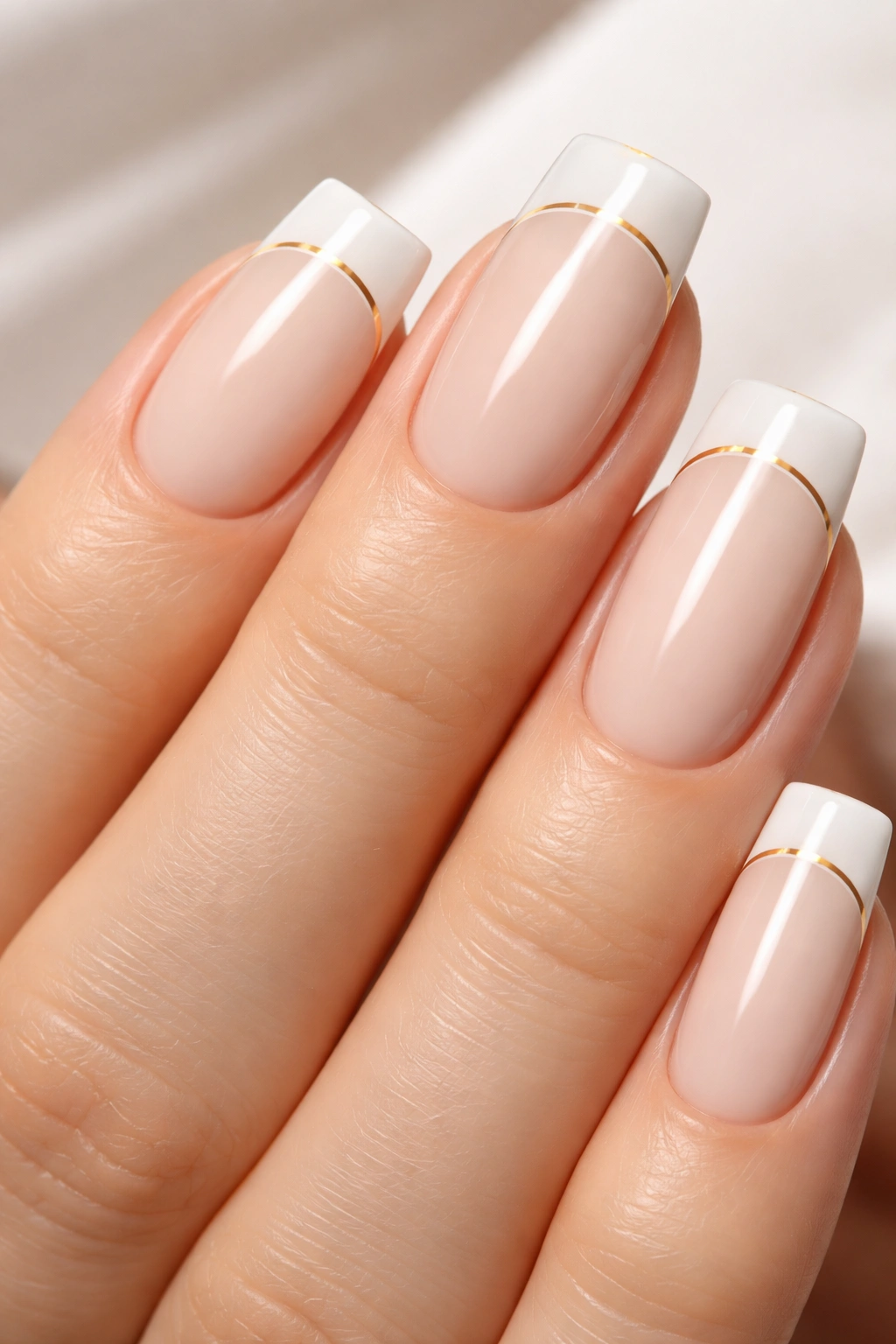 Close-up of ivory nails with white tips and a thin twist line.