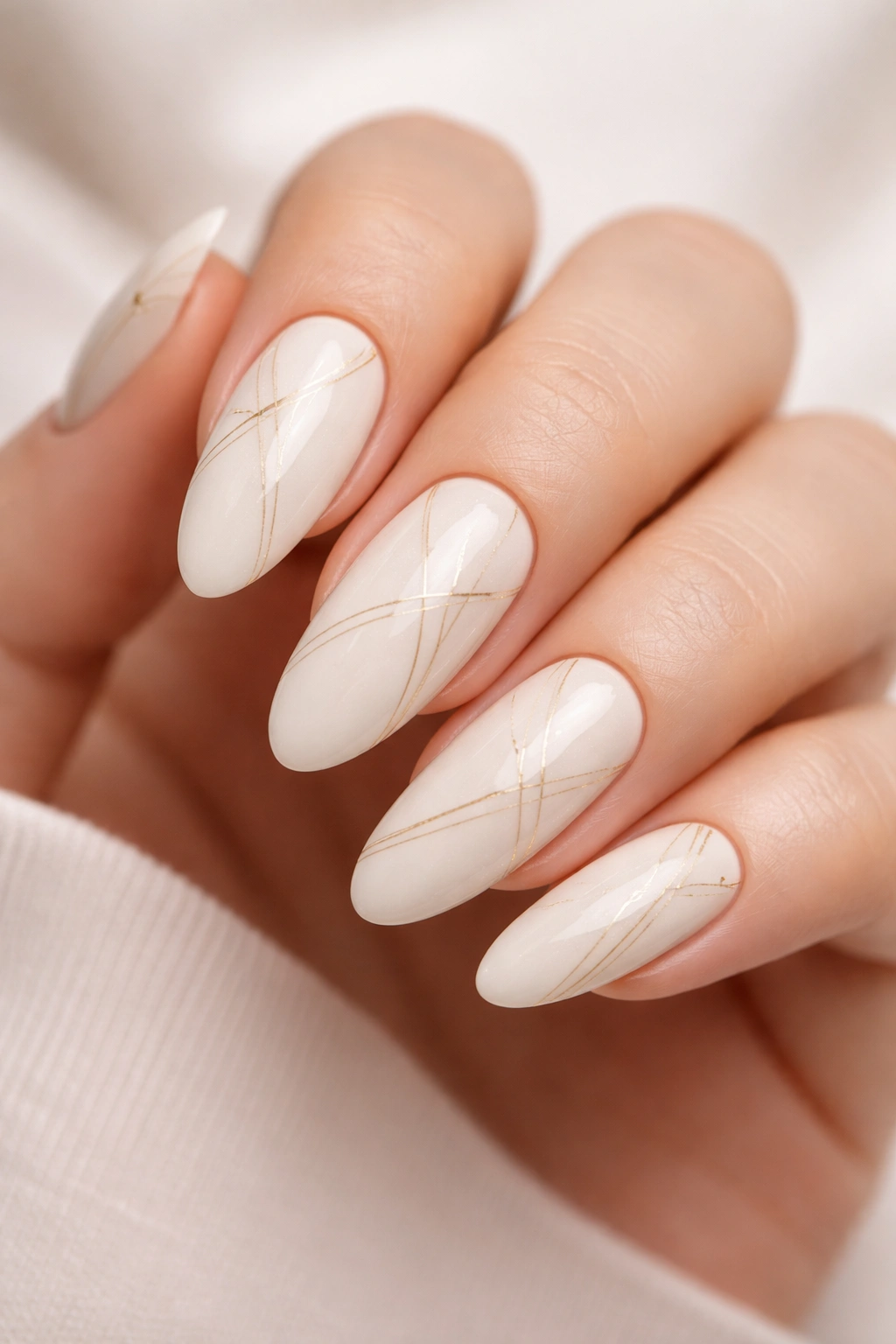 Close-up of long oval nails with ivory base and gold geometric lines