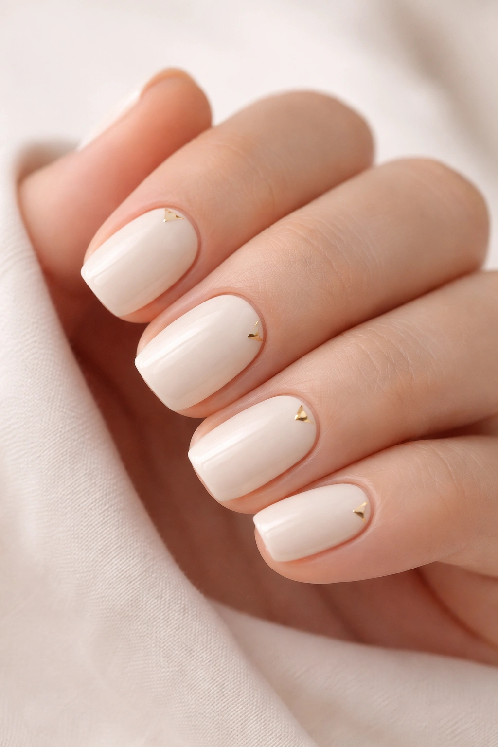 Close-up of short squoval nails in creamy ivory with tiny geometric gold accents at the corners