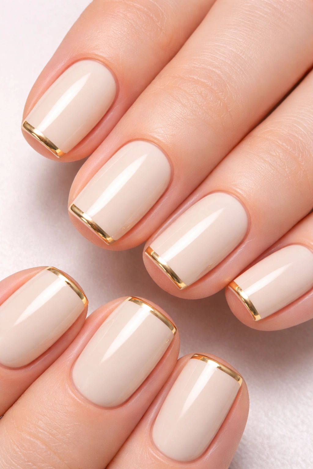 Creamy ivory nails with a thin metallic gold border at the tip