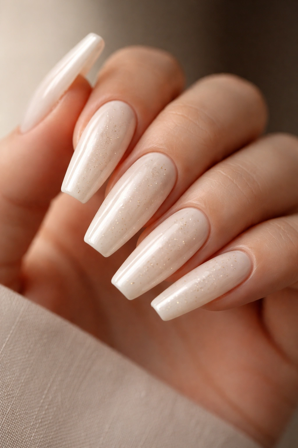 Ivory coffin nails with tiny gold flecks and a glossy finish