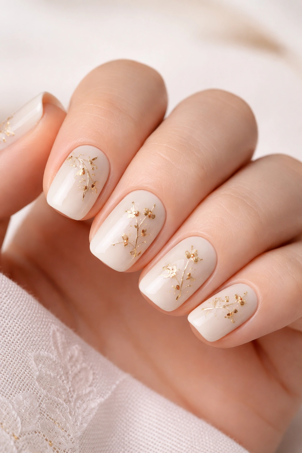 Close-up of short squoval nails in soft ivory with fine gold floral accents
