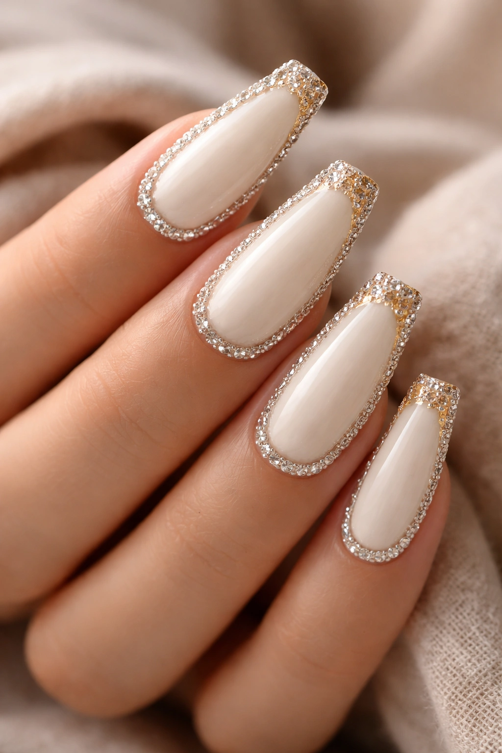 Close-up of ivory coffin nails with gold foil and rhinestone border