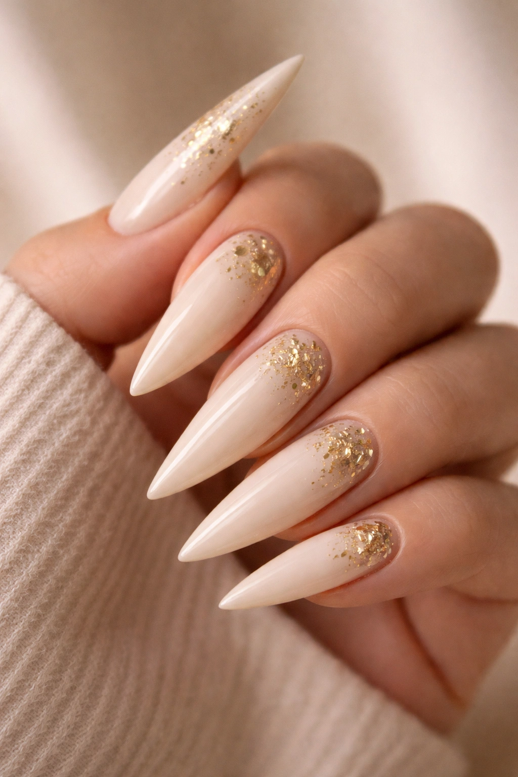 Close-up of ivory stiletto nails with gold leaf accents