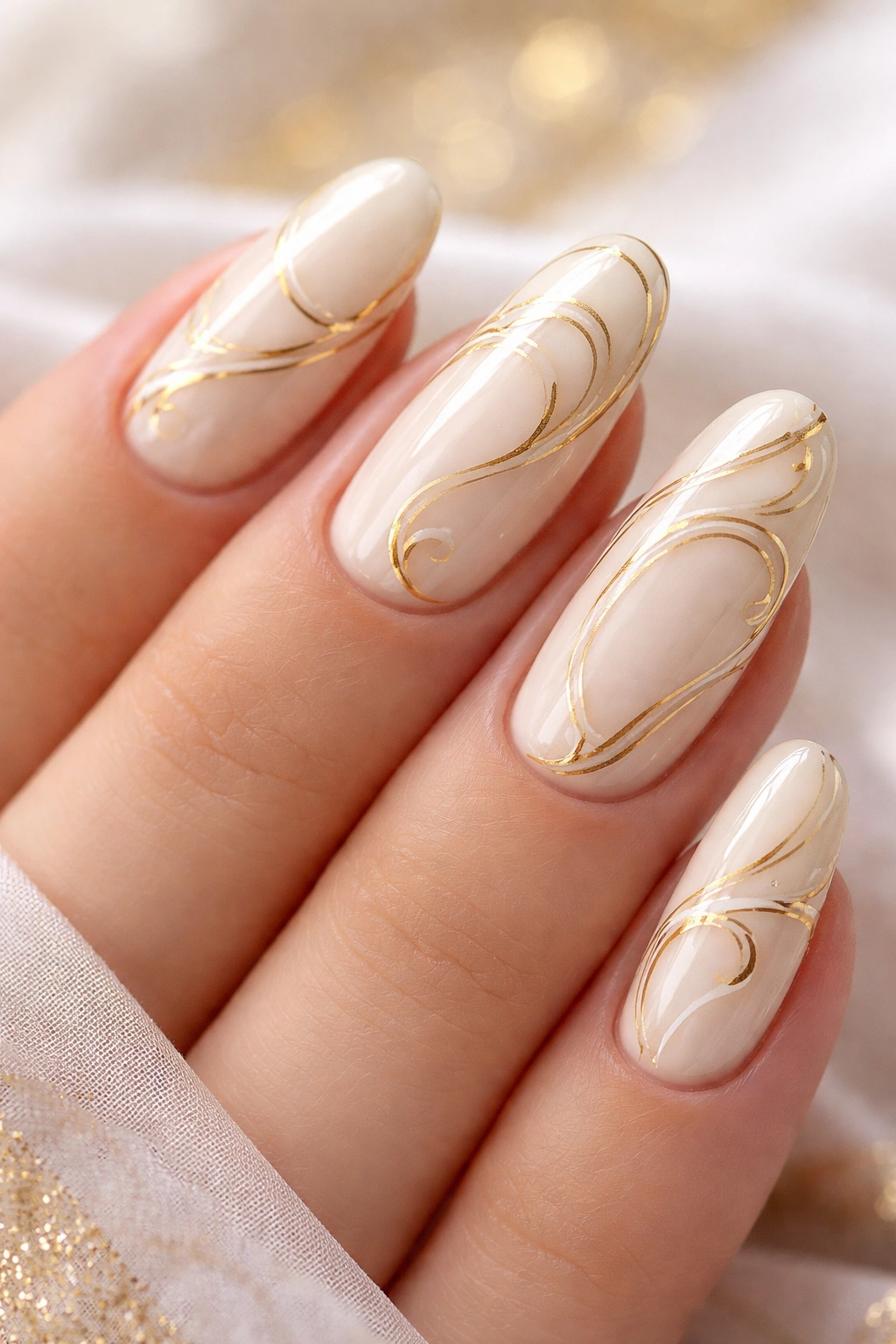 Close-up of ivory nails with flowing gold swirls