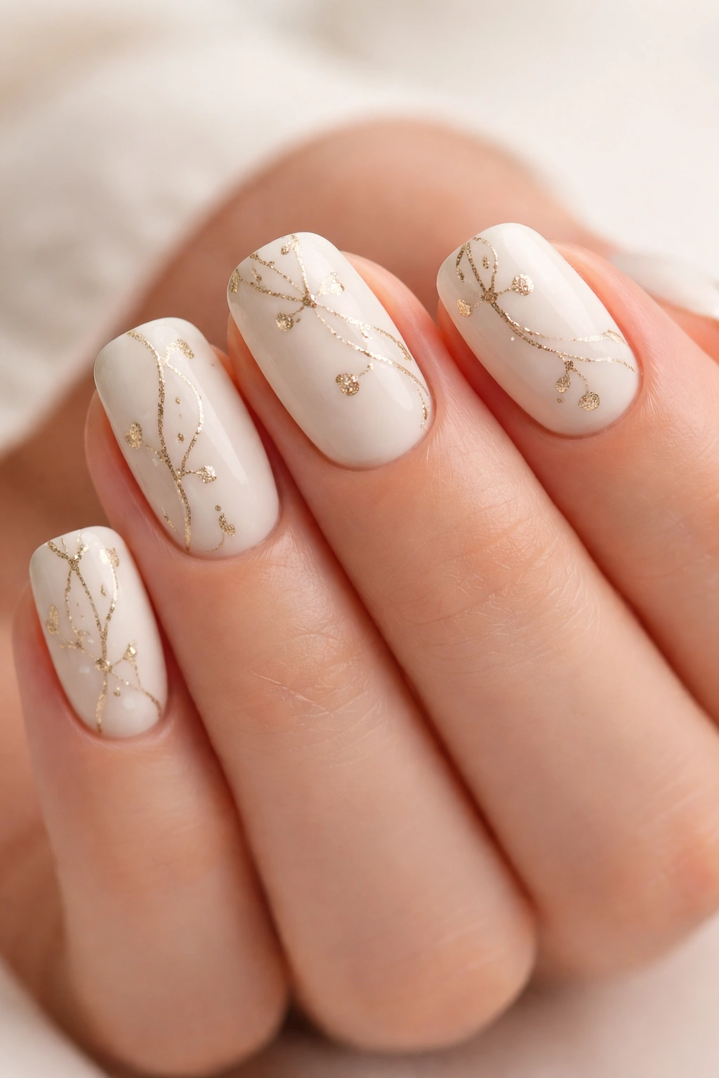 Ivory acrylic nails with delicate gold vine pattern