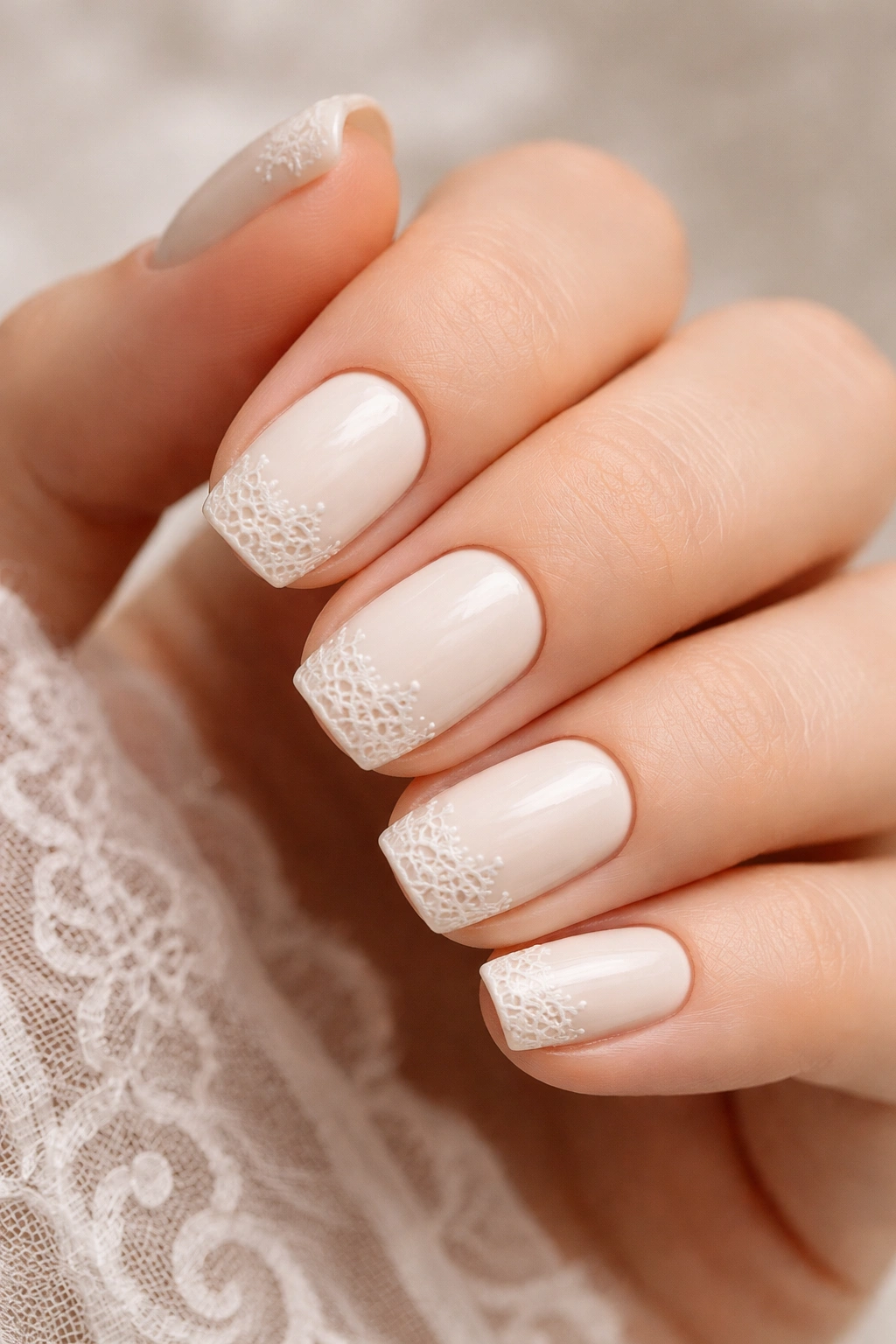 Close-up of ivory nails with delicate lace detailing on a short squoval manicure