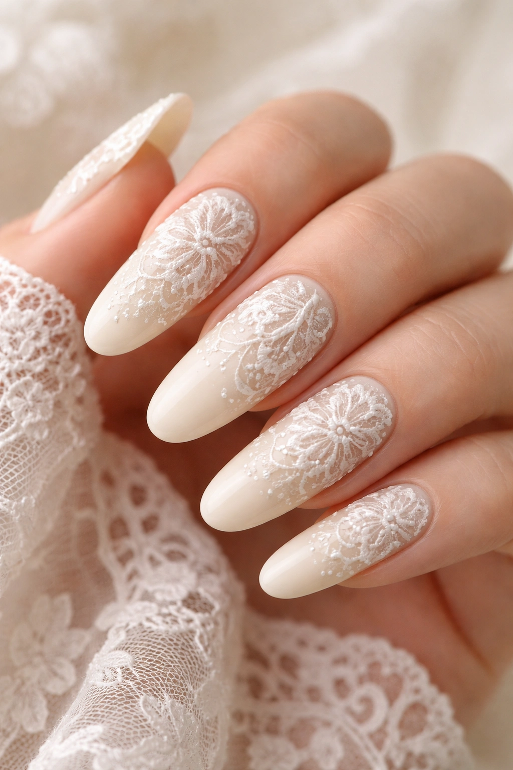 Ivory nails with delicate hand-painted lace pattern on long round nails