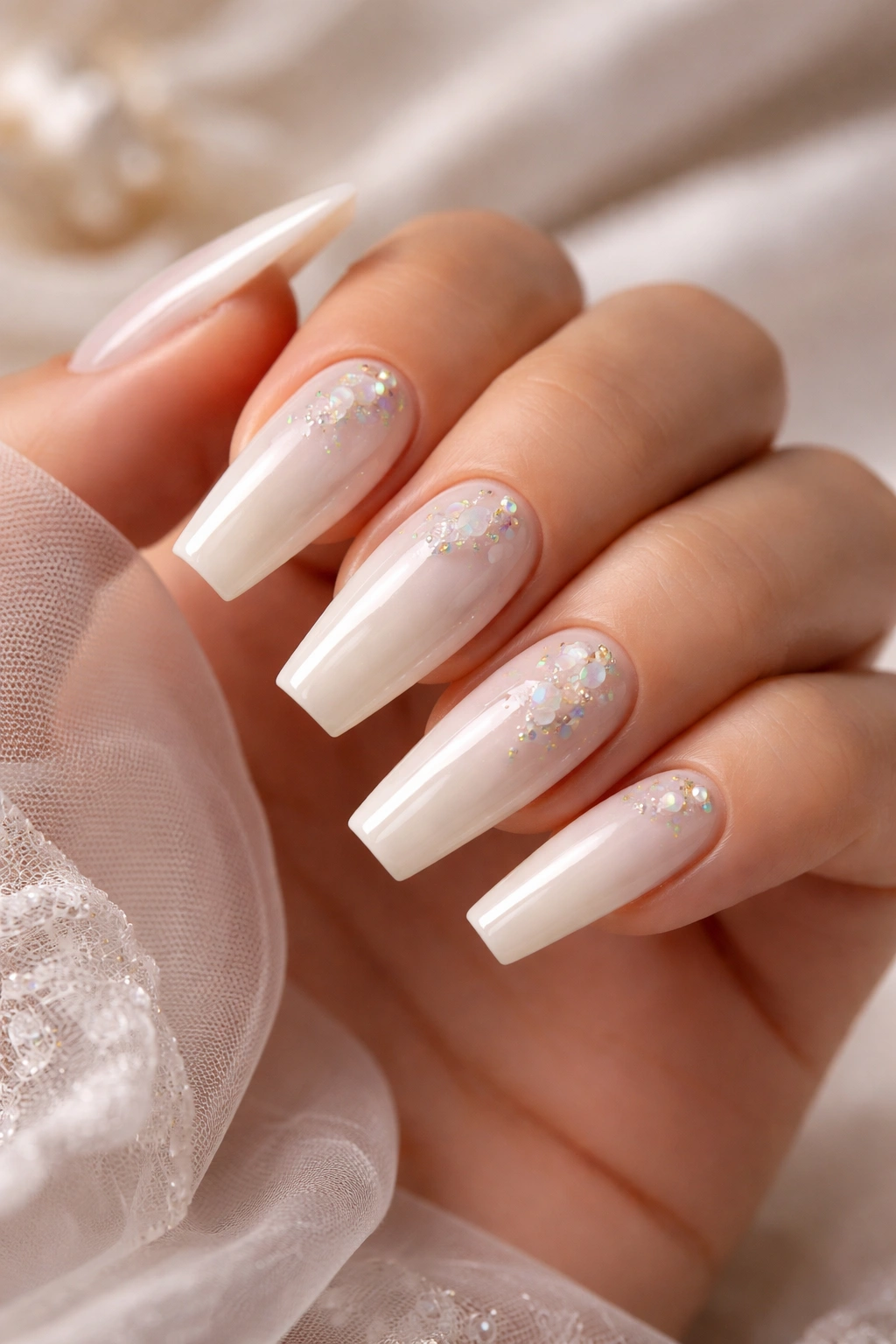Close-up of ivory nails with mother-of-pearl accents and high gloss