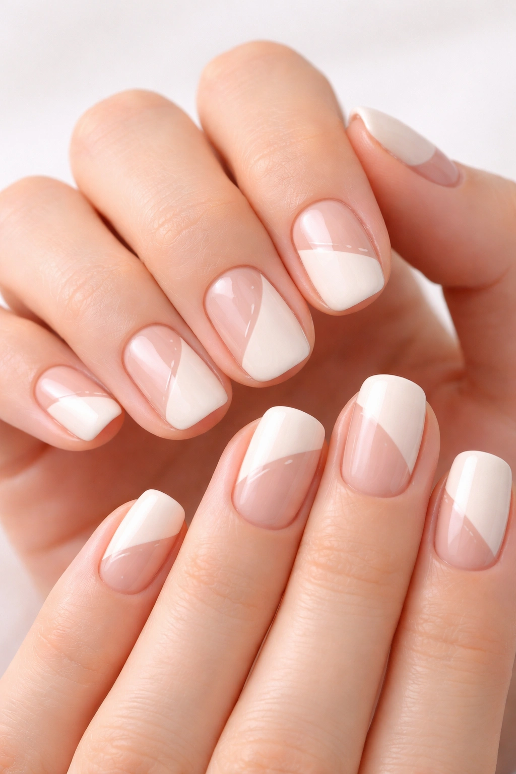 Ivory nails with negative space geometric patterns on a neutral background