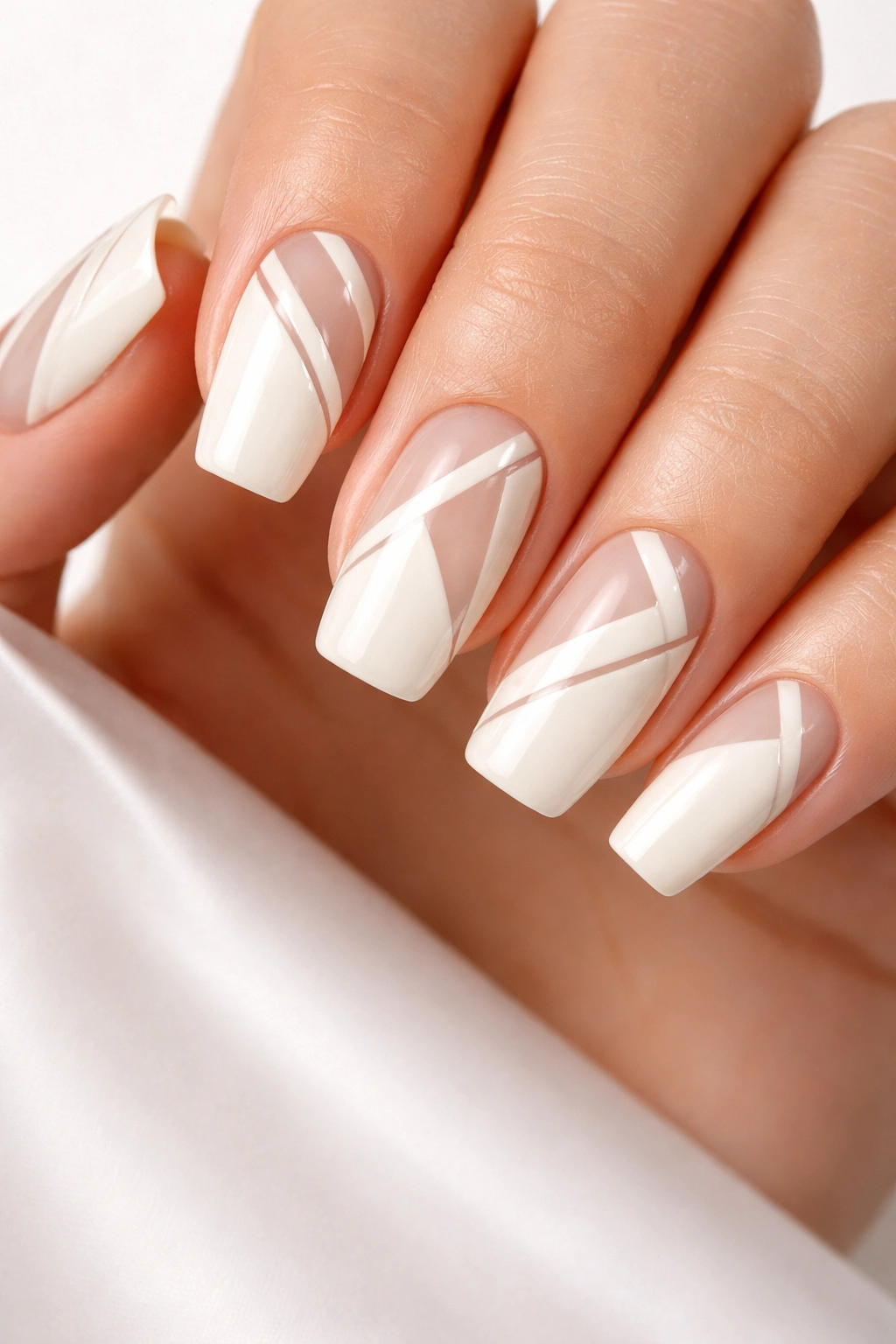 Close-up of ivory nails with negative space geometric design on long squoval nails