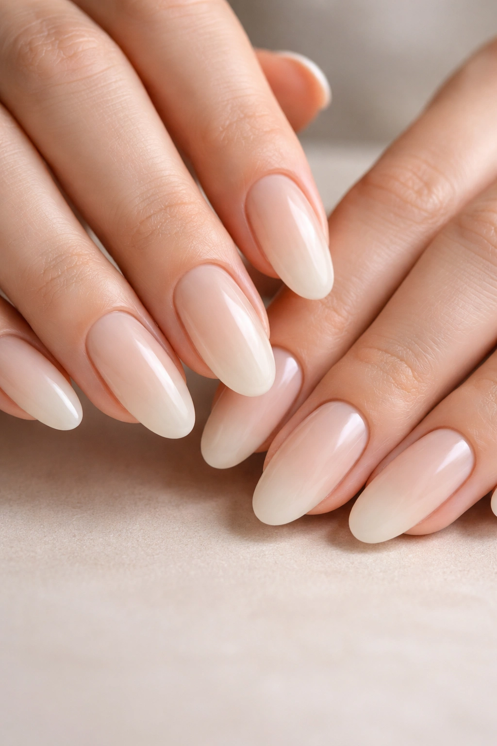 Close-up of oval nails with creamy ivory base and nude tips in a subtle gradient