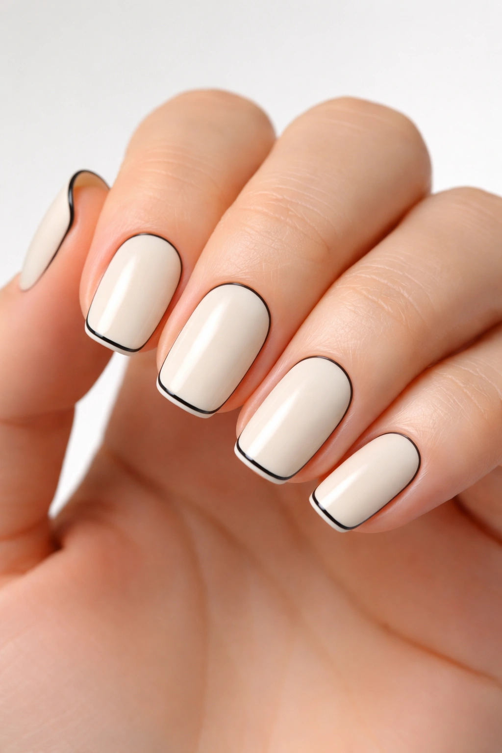 Close-up of ivory squoval nails with a thin black outline around the edges