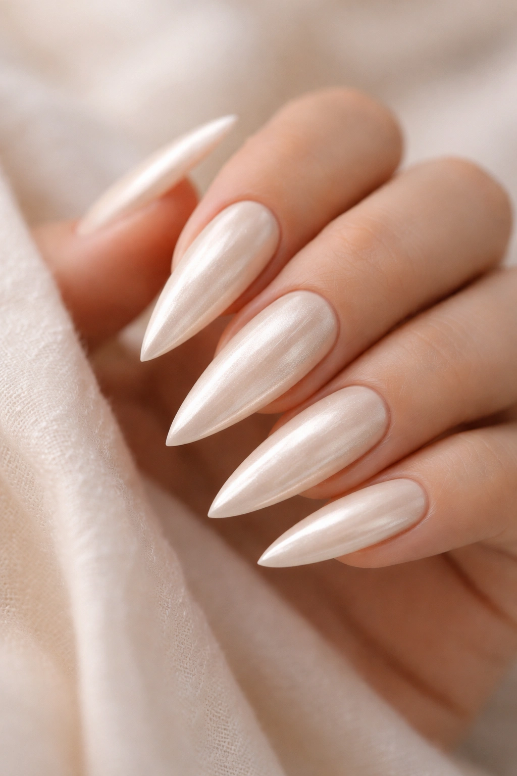Ivory stiletto nails with pearl shimmer close-up