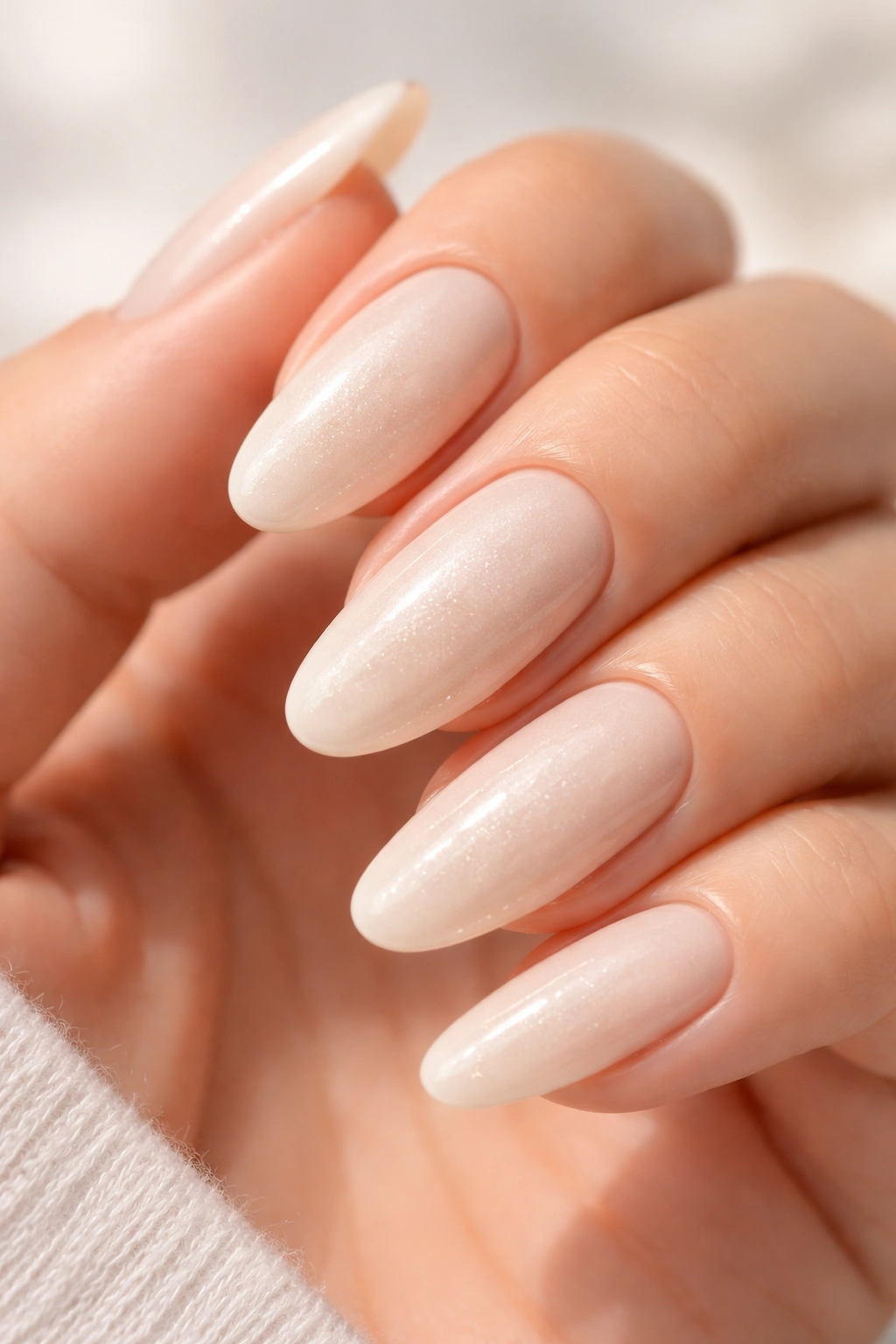 Close-up of long round nails in creamy ivory with subtle shimmer