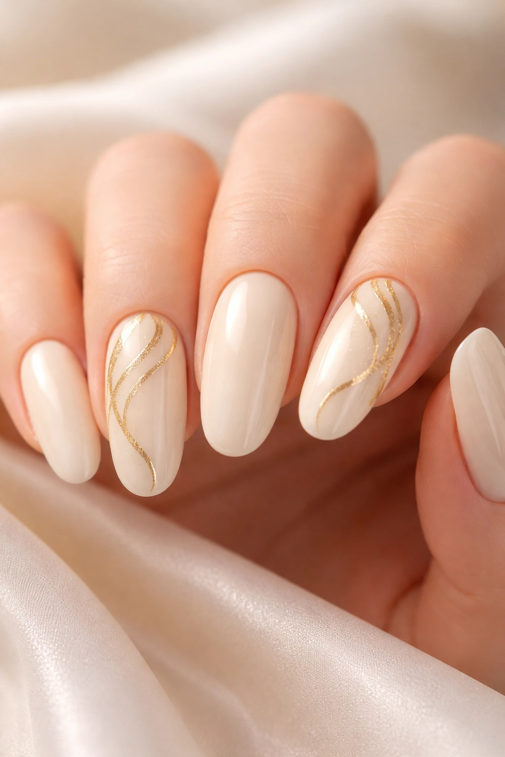 Close-up of long round nails in creamy ivory with gold swirls on accent nails