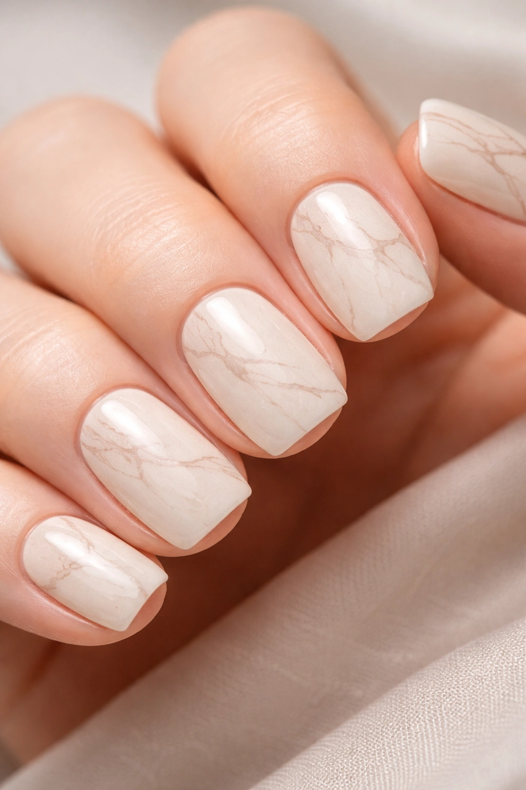 Warm ivory nails with delicate veining on squoval shape.