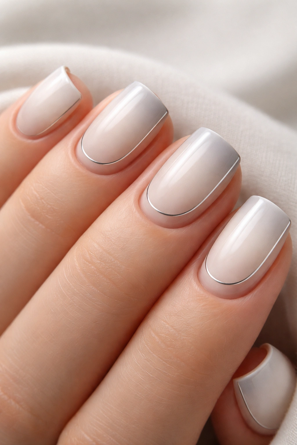 Close-up of short squoval ivory nails with soft gray ombre and a thin line at the base