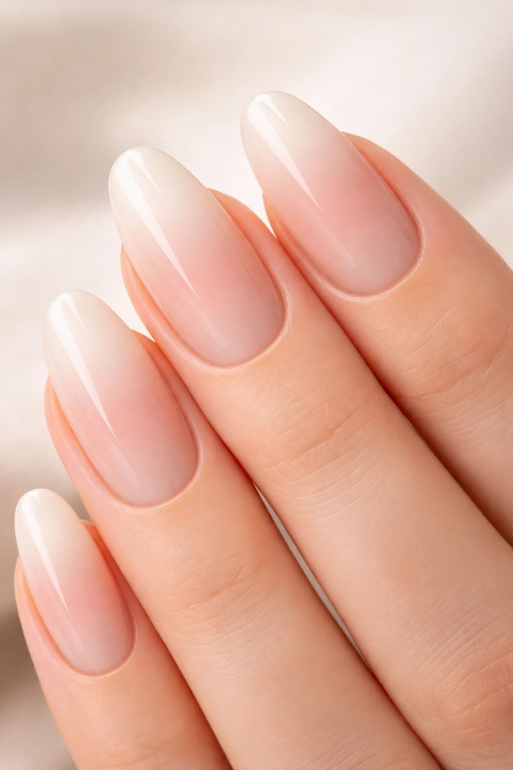 Oval nails with ivory base and nude ombre tips.