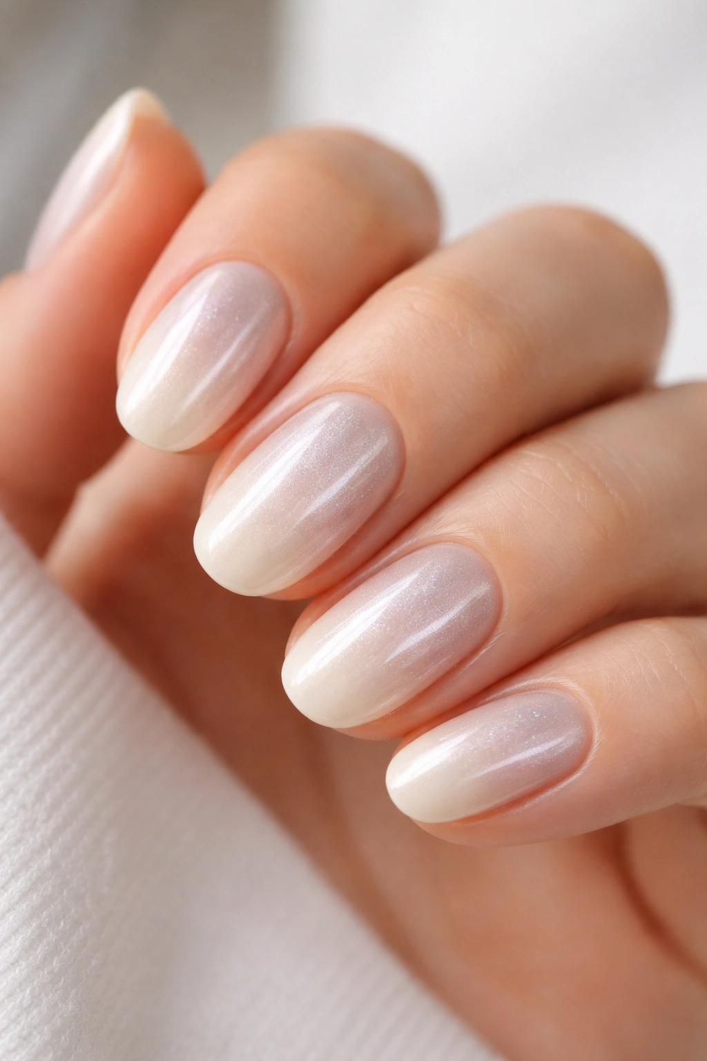 Close-up of short oval nails with ivory to pearl chrome gradient and nacre finish