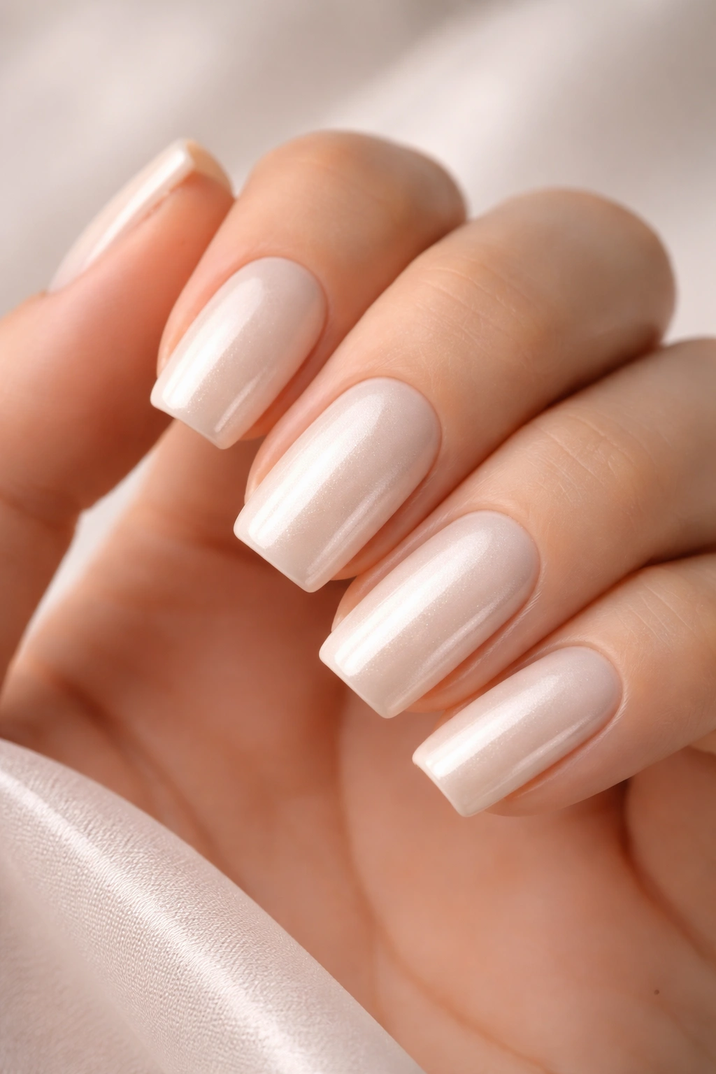Close-up ivory nails with delicate pearl finish on soft square shape