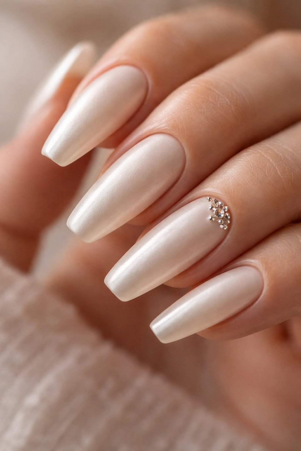 Ivory satin nails with tiny crystal cluster