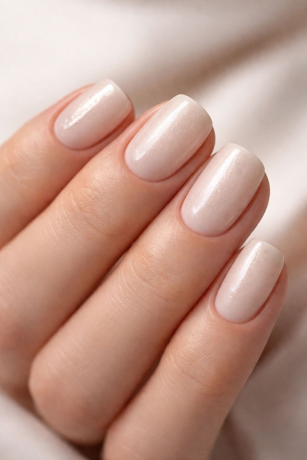 Close-up of ivory nails with subtle shimmer on short squoval nails.