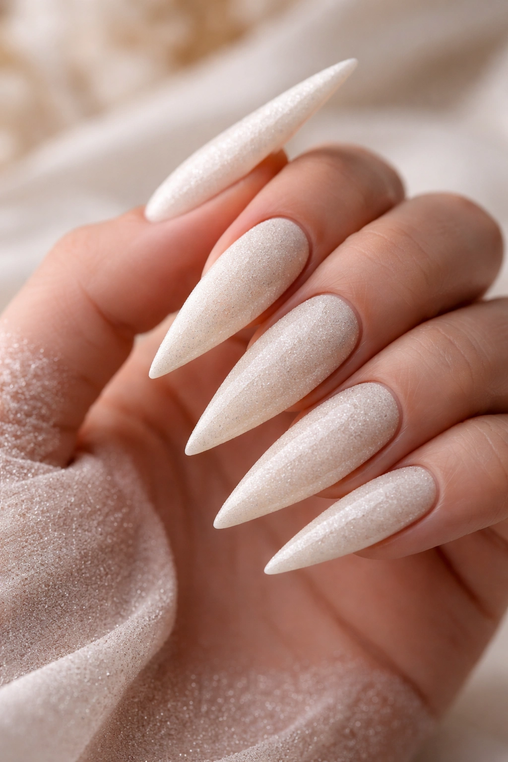 Close-up of ivory nails with textured finish