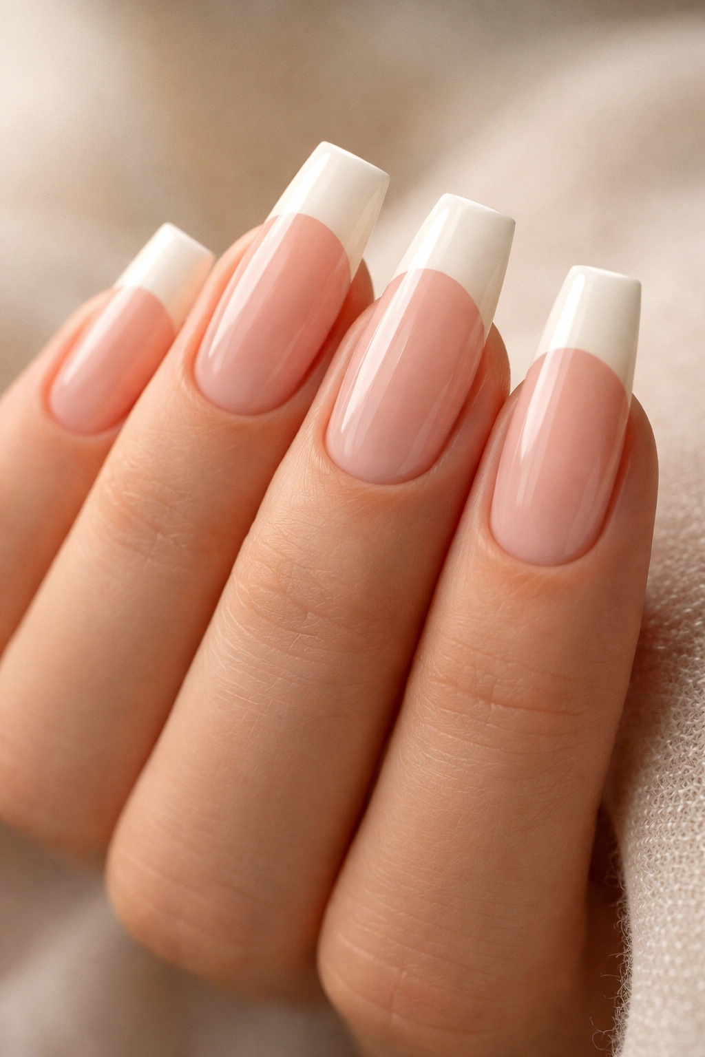 Close-up of ballerina nails with clear negative space and ivory tip block